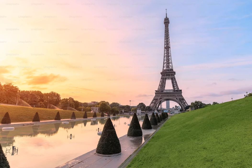 Paris skyline with the Eiffel Tower at sunset